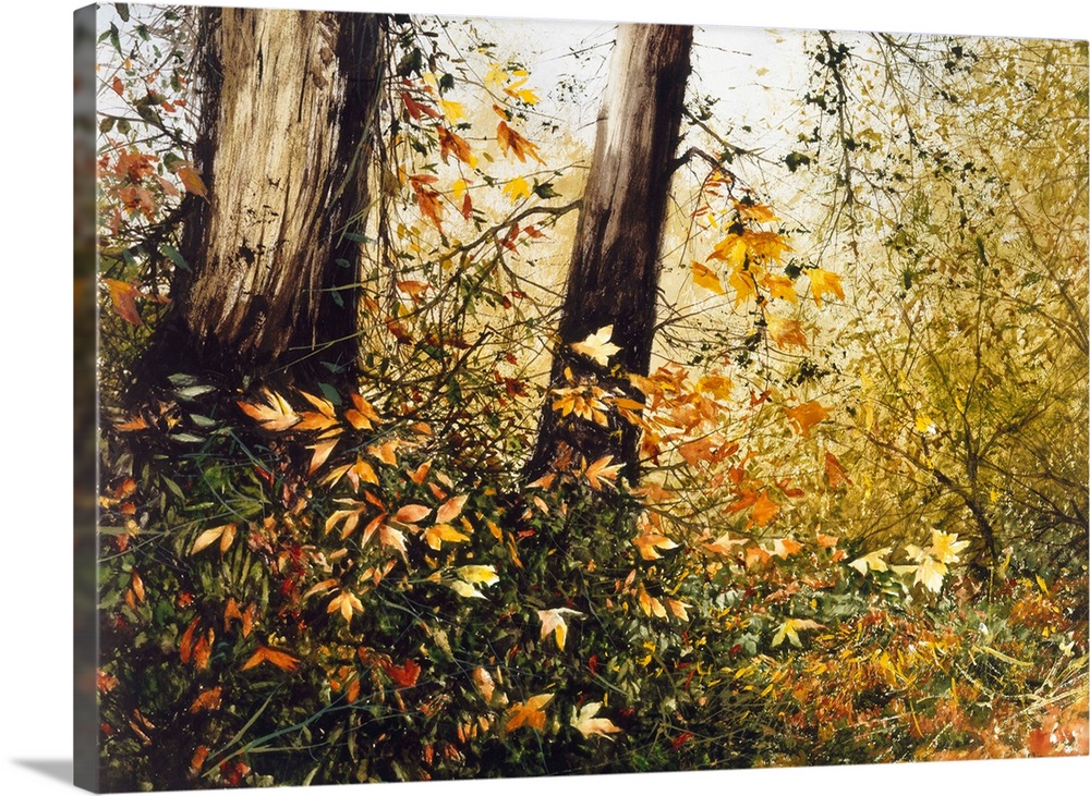 Contemporary painting of Fall leaves blowing in the wind in the middle of the woods.