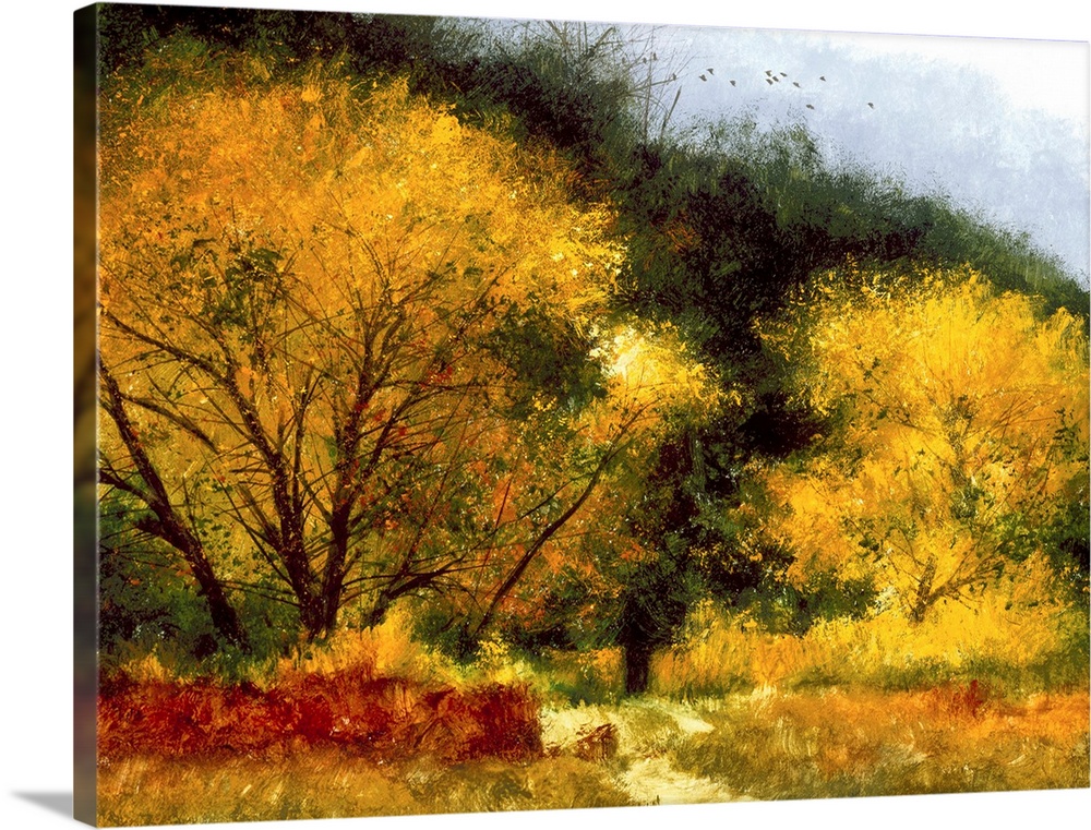 Contemporary painting of a Fall landscape with colorful trees and a path leading into the woods.