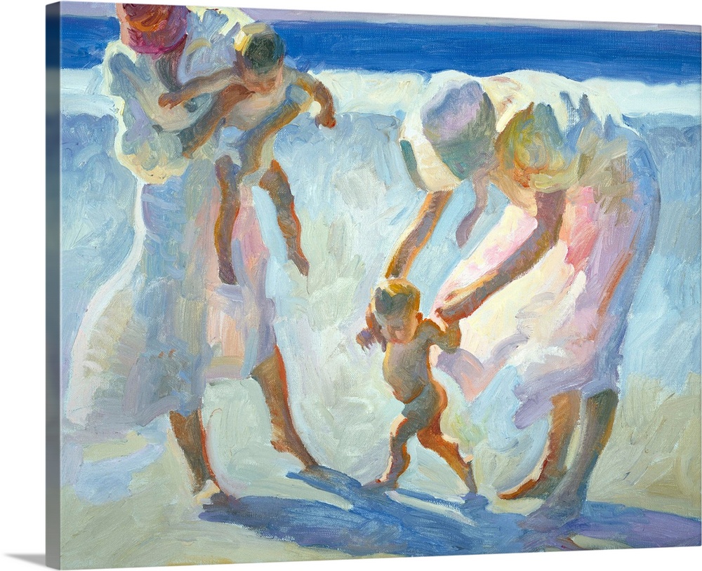 A contemporary painting two women wearing white dresses and holding young children while on a beach.