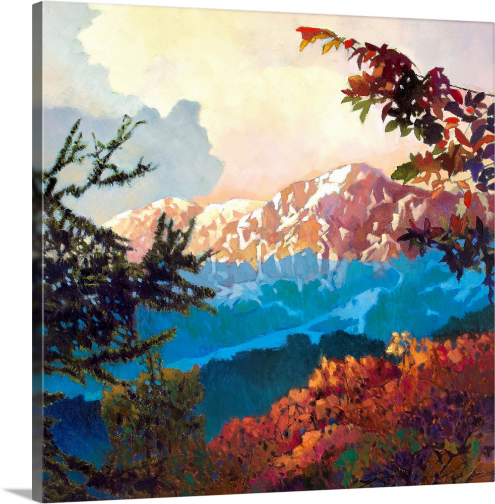 Contemporary painting of a mountain range covered in snow, seen from the trees below.