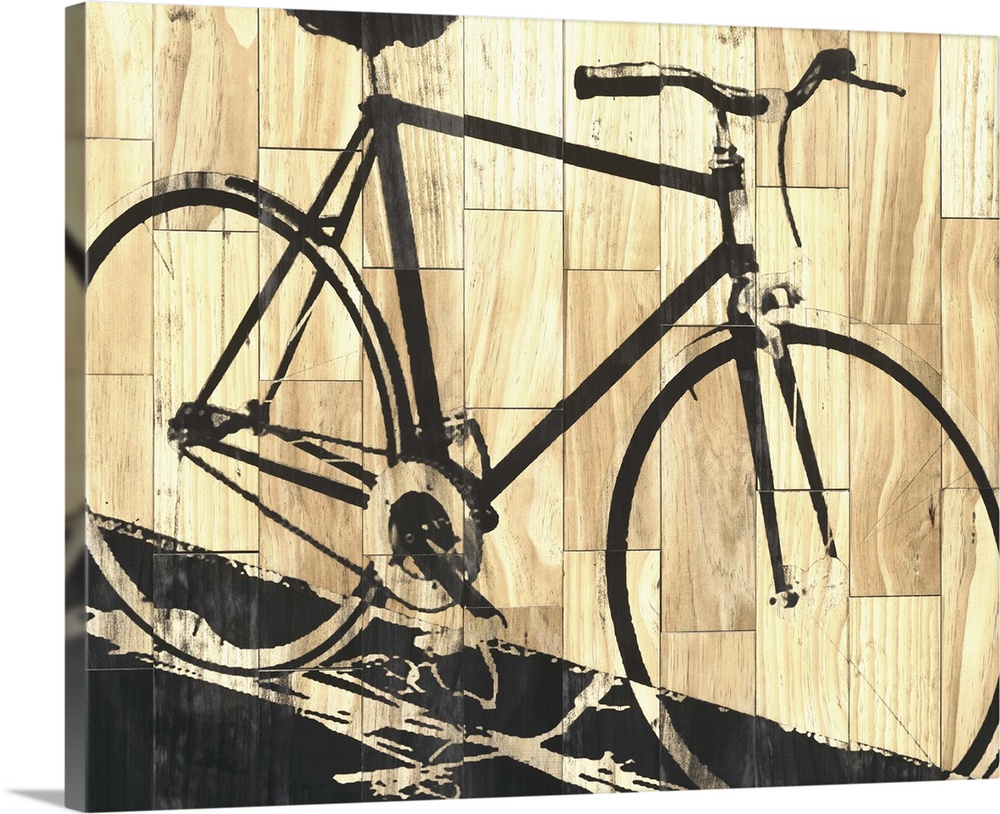 Painting of a bicycle on wooden blocks.
