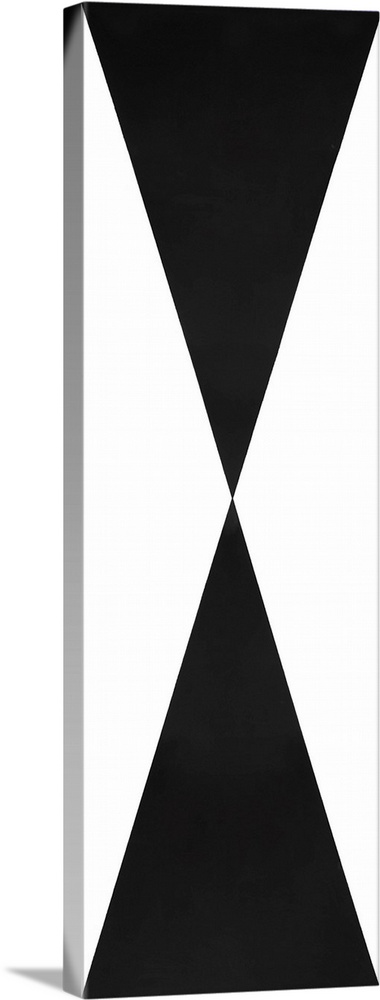 Large abstract painting with crisp geometric shapes all meeting at one center point in black and white.