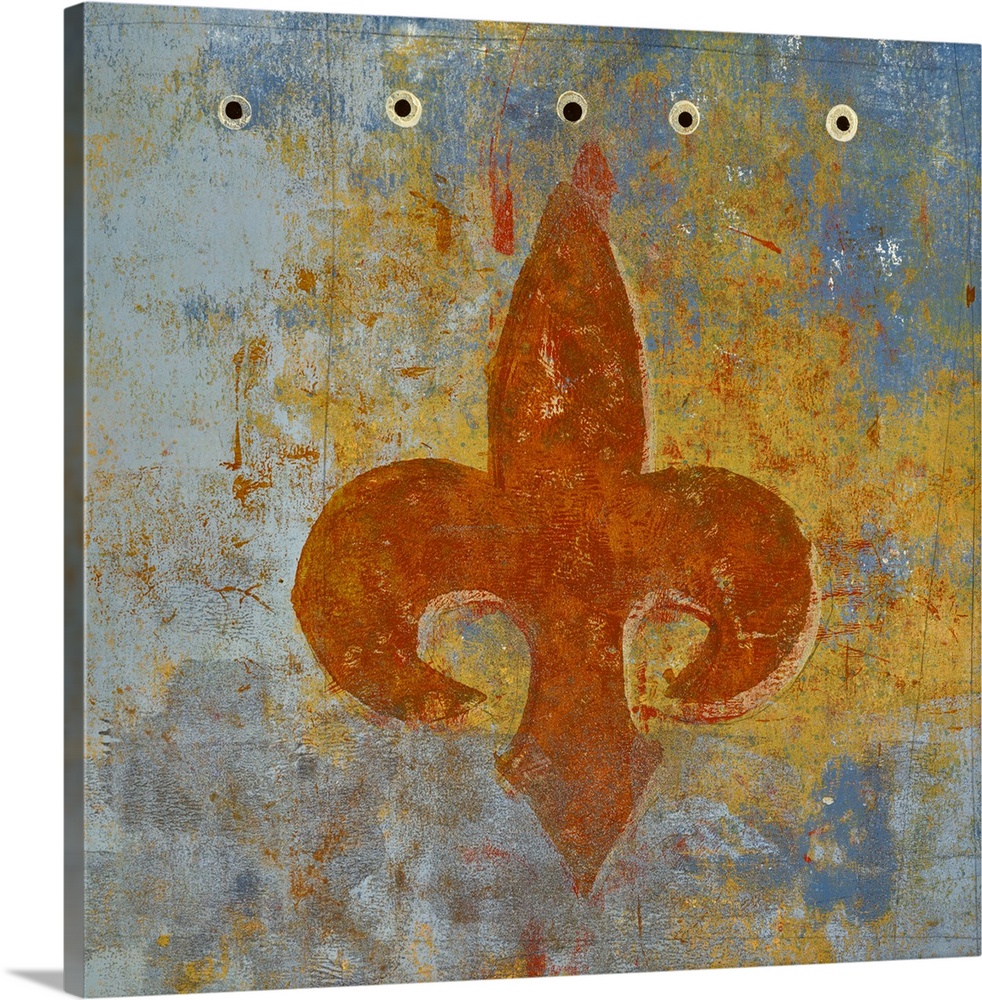 Square abstract painting of a sienna orange fleur de lis on a blue, grey, and yellow background.