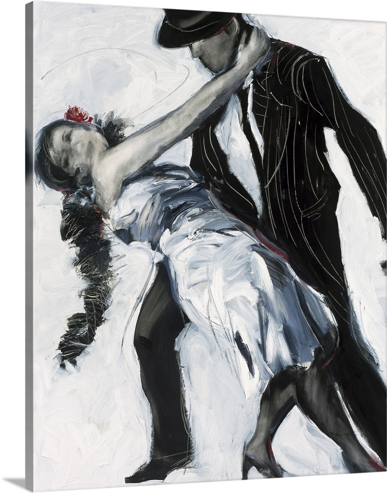 Artwork of two people dancing. The woman has her hand wrapped around the man's neck as he dips her down to his leg.