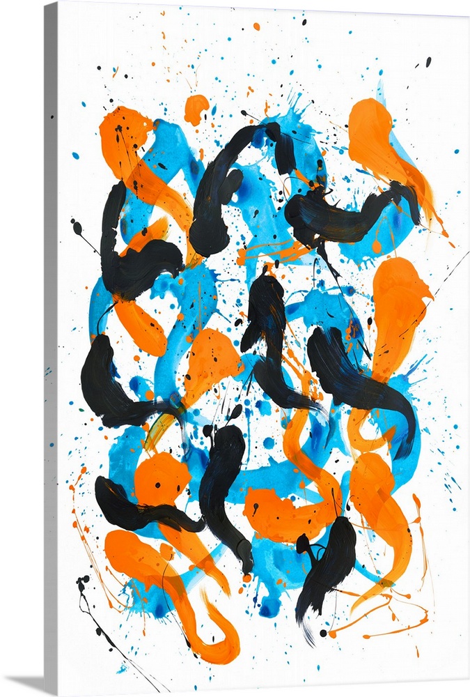 Busy abstract painting created with bold, sporadic lines in blue and orange hues on a white background.