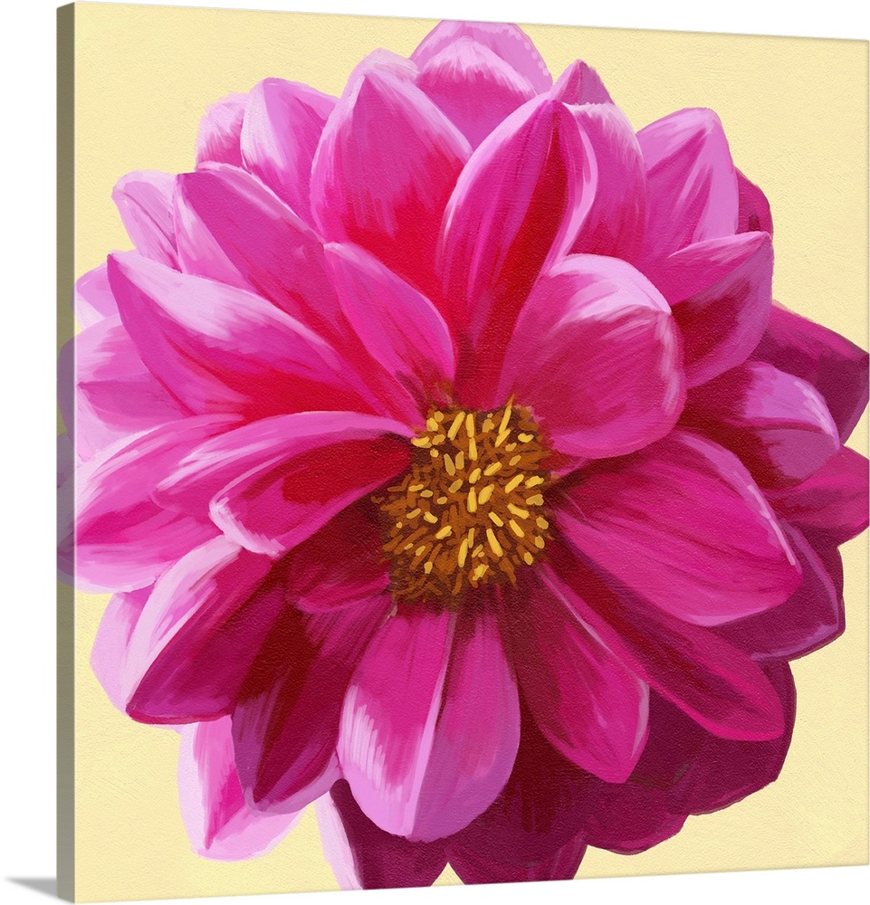 A contemporary painting of a close-up of a pink flower against a yellow background.