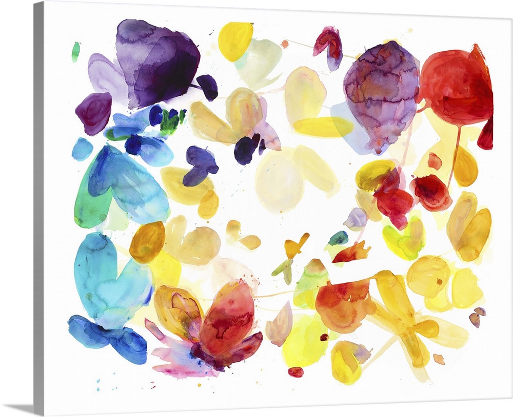 Watercolor painting resembling fallen flower petals in rainbow colors.