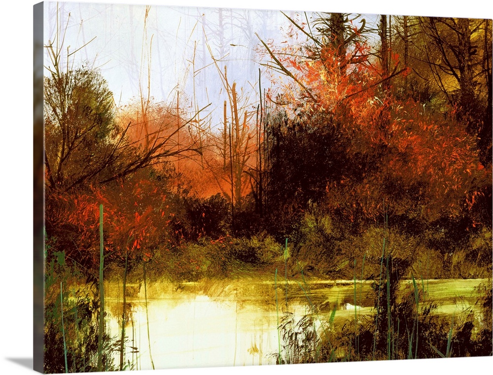 Contemporary landscape painting of a forest created with deep red and green hues.