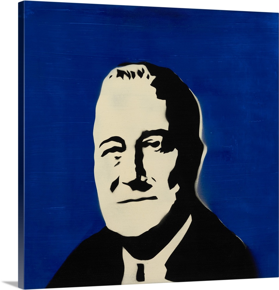 Square spray art of Franklin Roosevelt on a bright blue background.