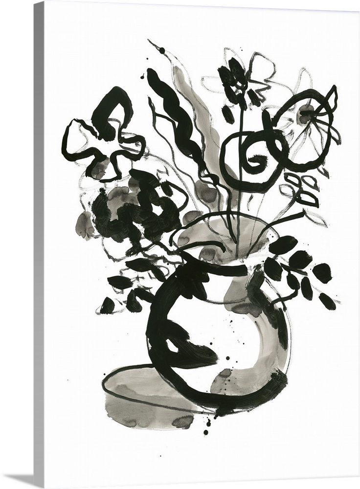Black and white watercolor painting of arranged flowers on a table.