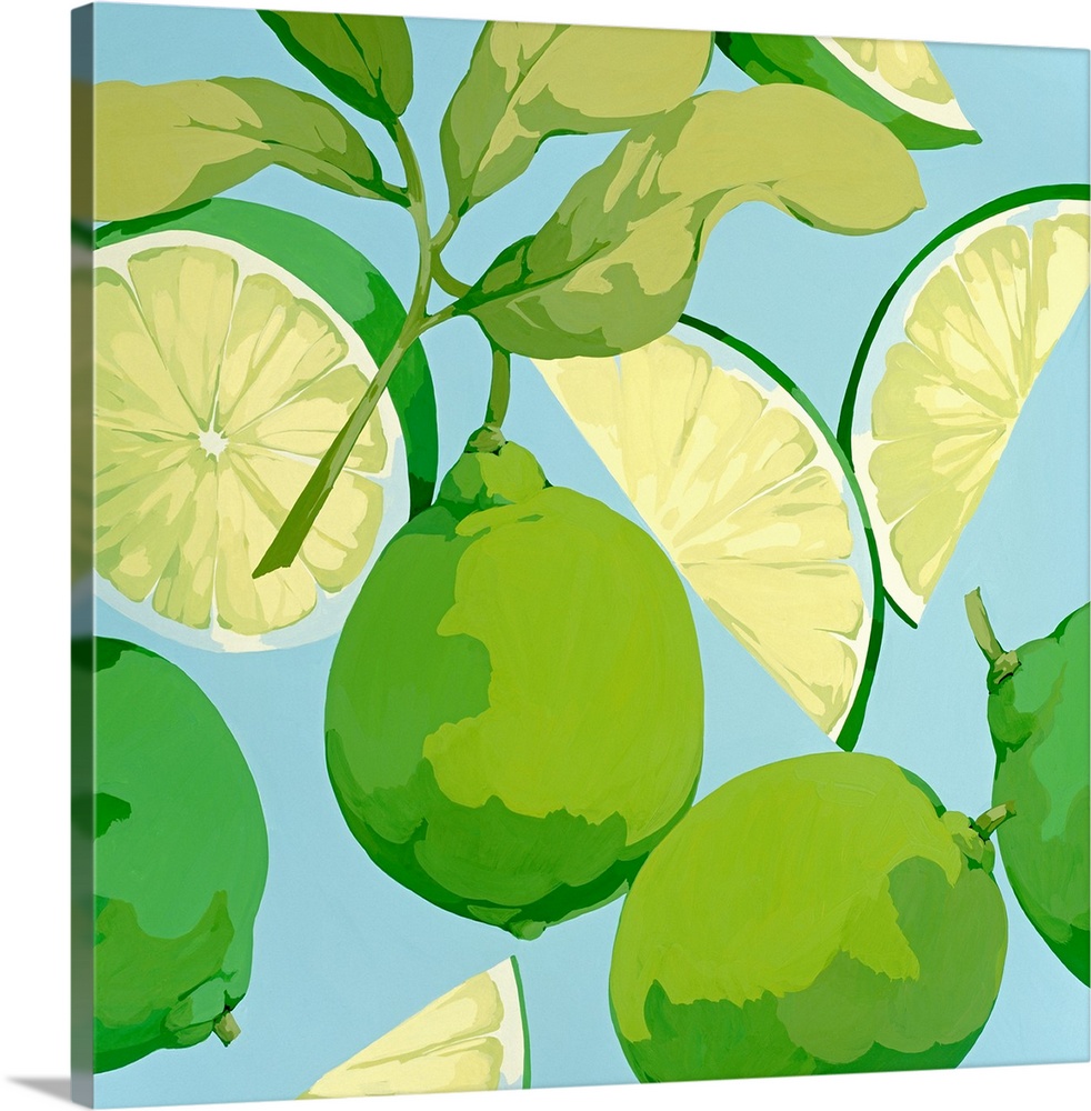 Square, decorative wall art of citrus fruits whole, on the branch, and sliced arranged on a blank background.