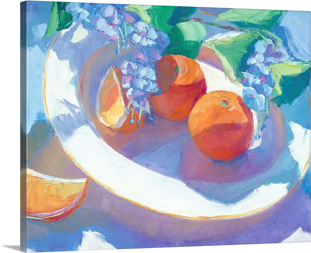 A contemporary still-life painting of fruit on a plate.