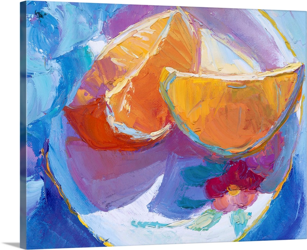 A contemporary painting of orange slices sitting on a plate.