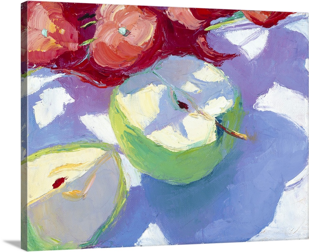 A contemporary painting of apple  slices sitting on a plate.