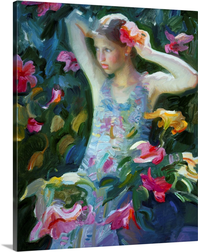 A contemporary painting of a young girl standing by a flowering bush and putting a flower in her hair.