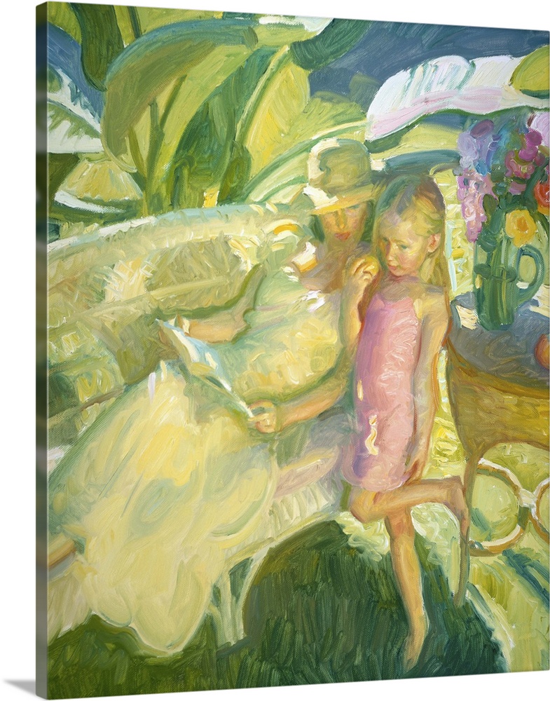 A contemporary painting mother reading to her daughter outdoors in a garden.