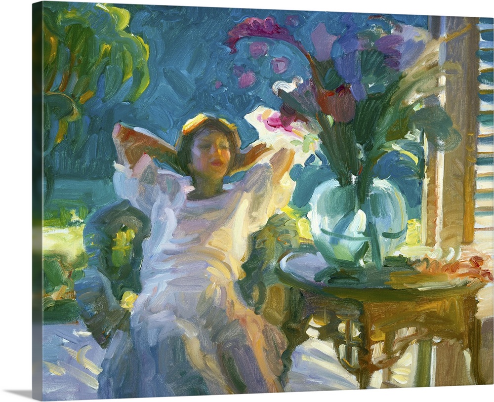 A contemporary painting of a woman sitting in a chair and admiring a bouquet of flowers in a vase.