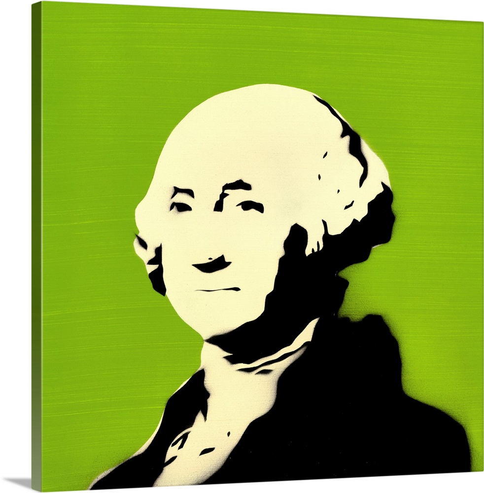 Square spray art of George Washington on a bright green background.