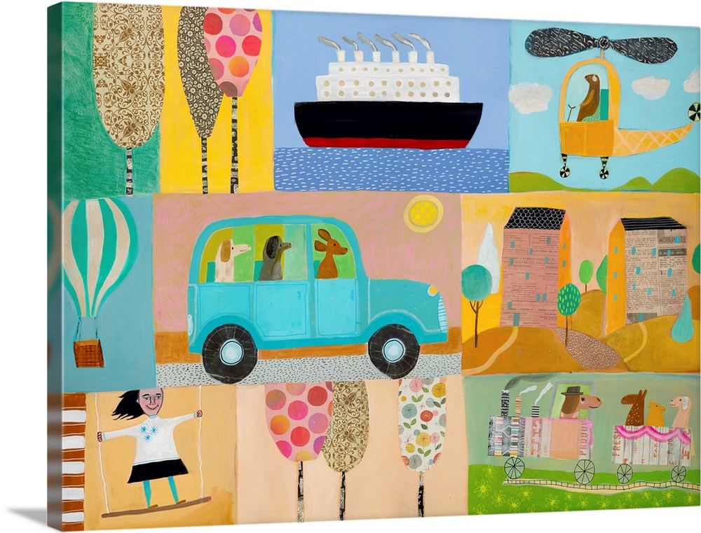 Whimsical collage art perfect for a child's room or nursery.