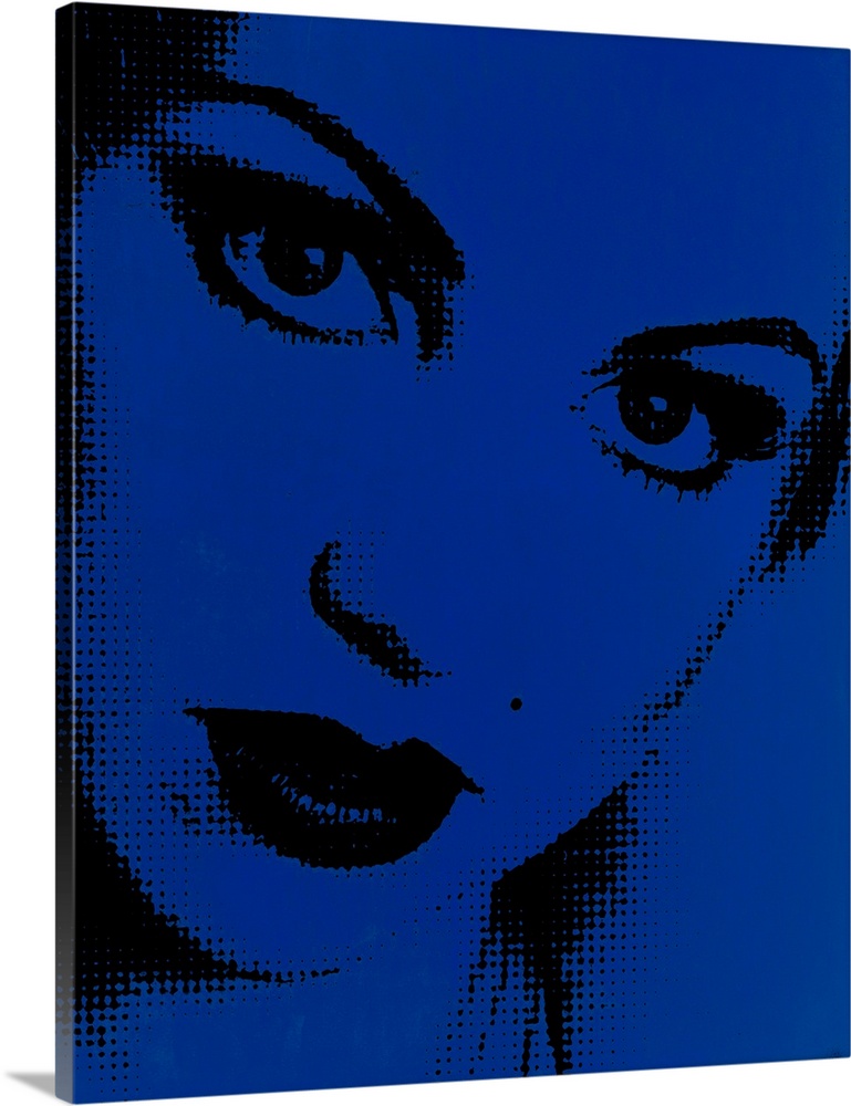 Blue and black pointillism illustration of a close up woman's face.
