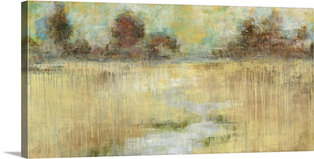 Landscape, large artwork for a living room or office in golden tones.  A  small river winds through a landscape with large...