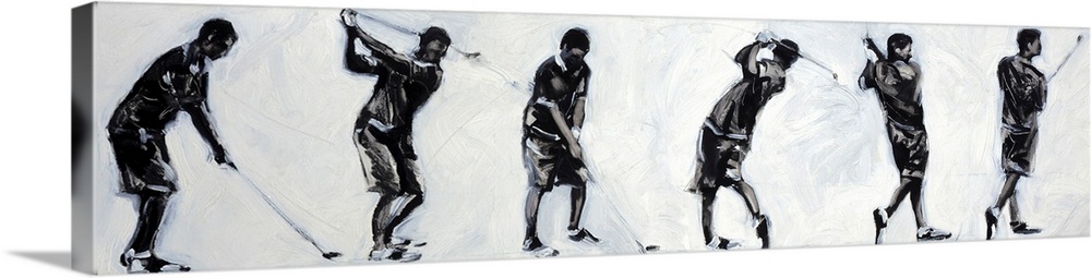 Wide, black and white figurative painting on large canvas of a male figure illustrating six different positions of a swing...