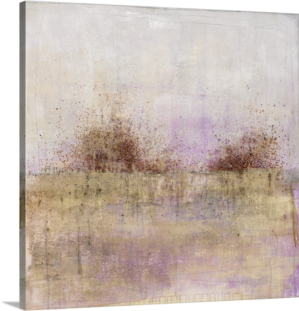 Square abstract painting with brown and black paint splatter across the horizon line and a grey, purple, and beige hued ba...