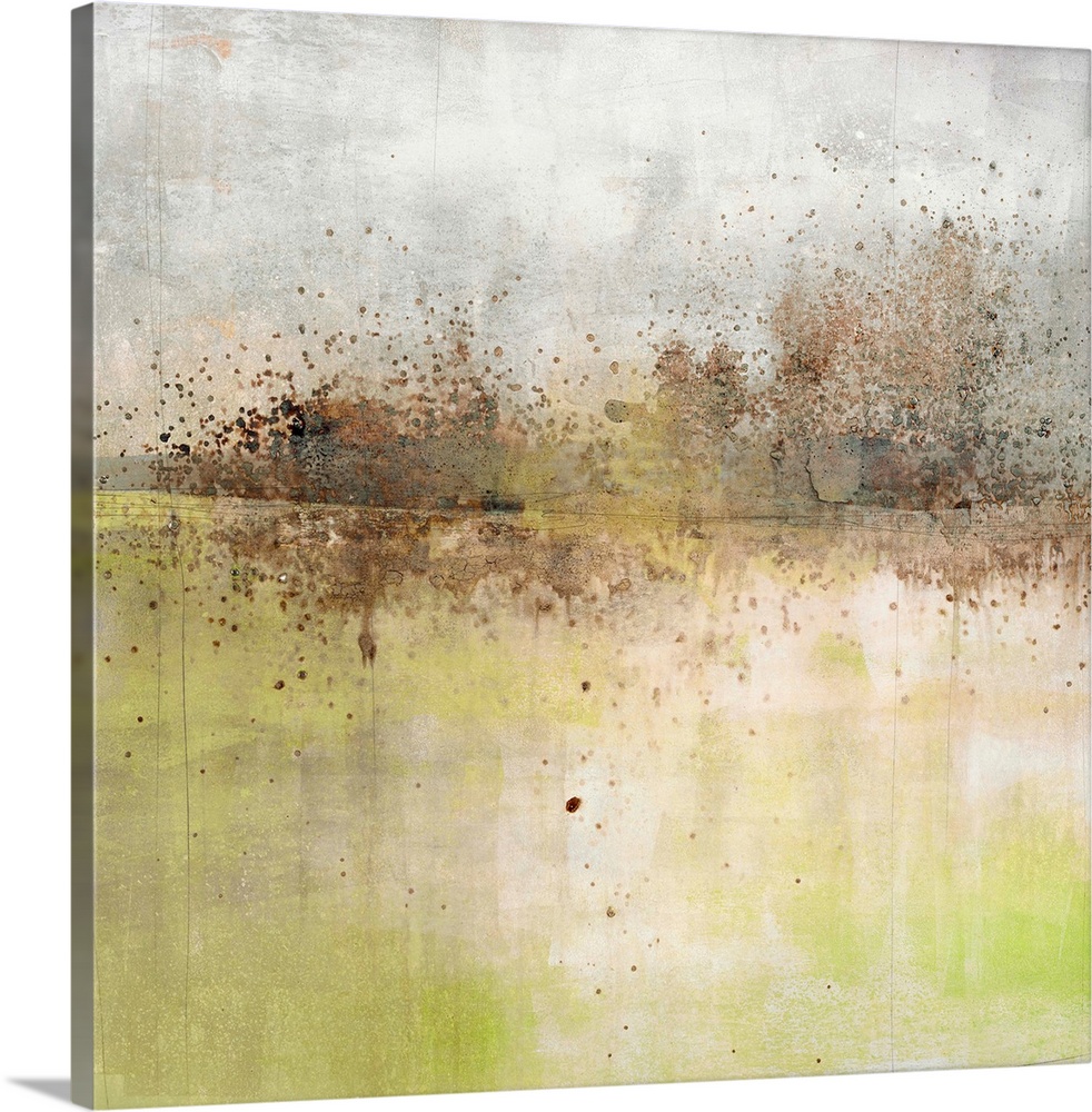 Square abstract painting with a brown and black paint splattered horizon line with a grey and white sky above and  light g...