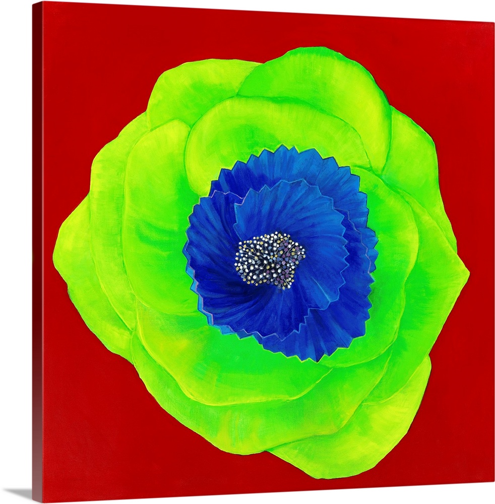Painting of a vibrant green flower on deep red.