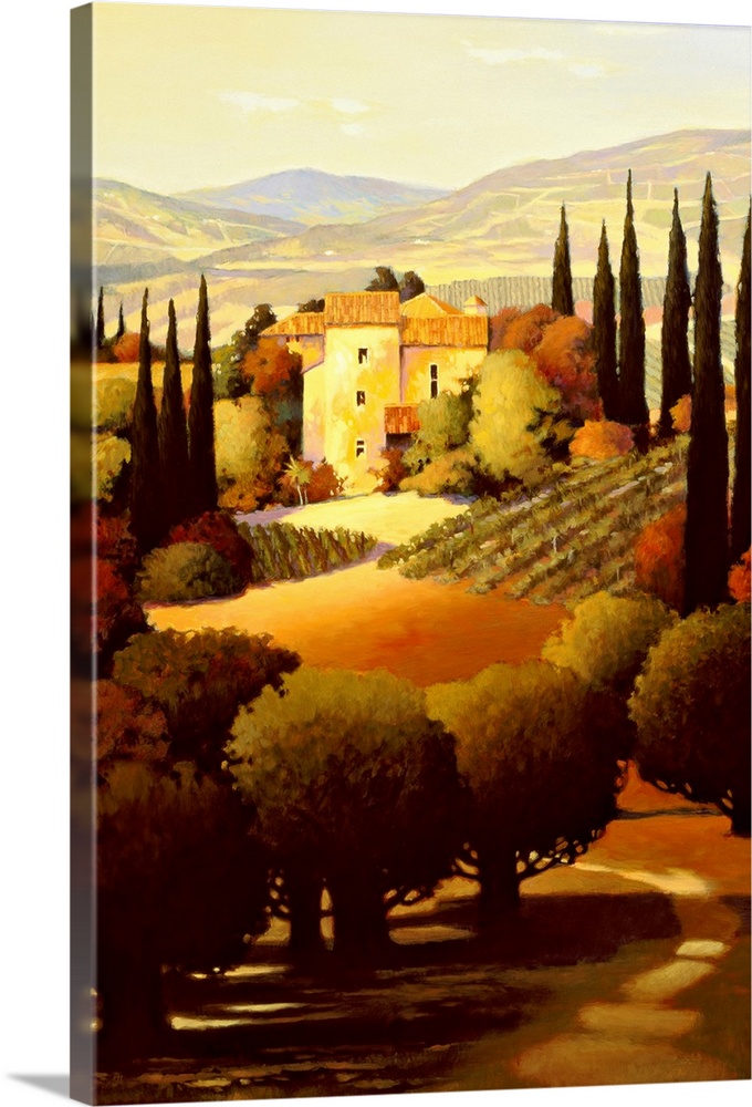 Contemporary painting of a house with circular and pointy trees with hills in the background.
