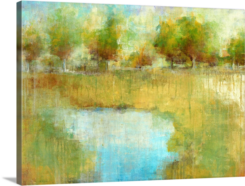 Large, landscape painting of a small pond surrounded by a green landscape and a line of trees in the background.  Painted ...