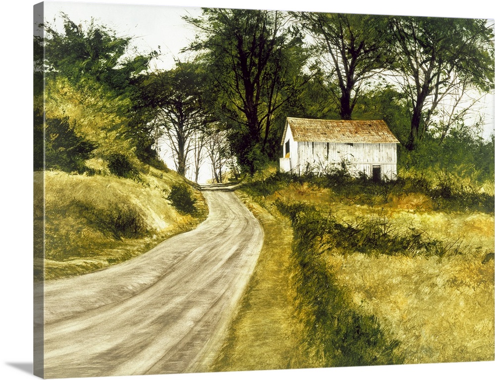 Contemporary landscape painting of a dirt road leading up to a white barn.