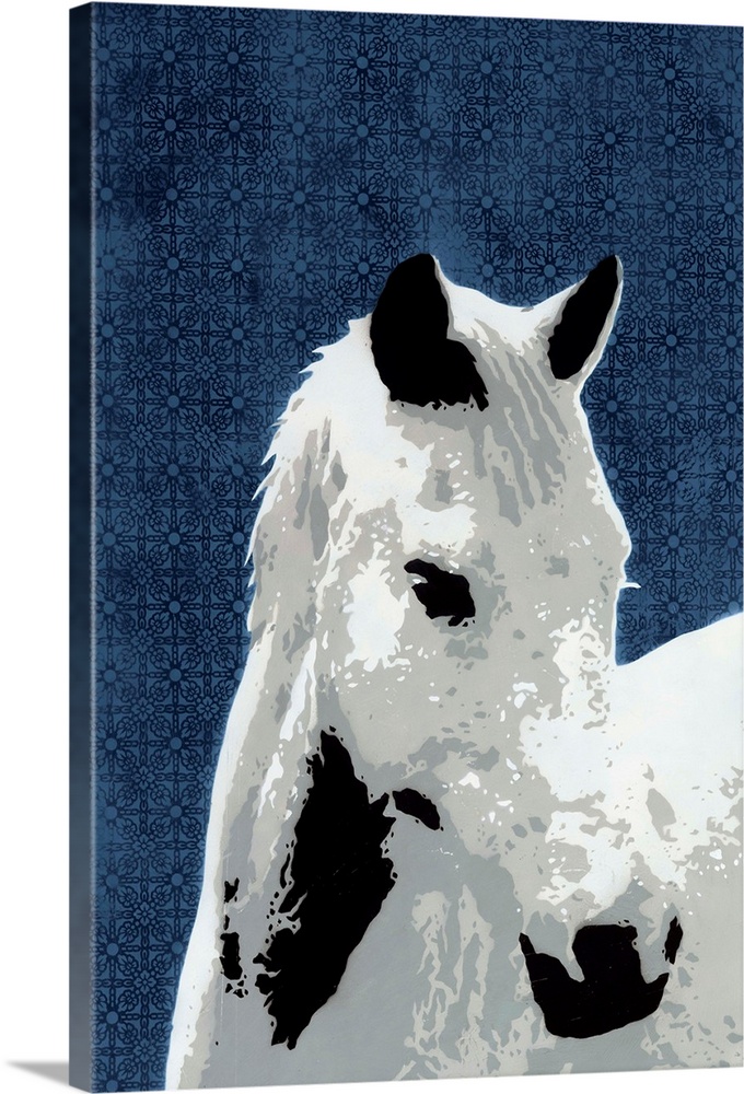 Digital illustration of a black and white horse on a blue floral patterned background.