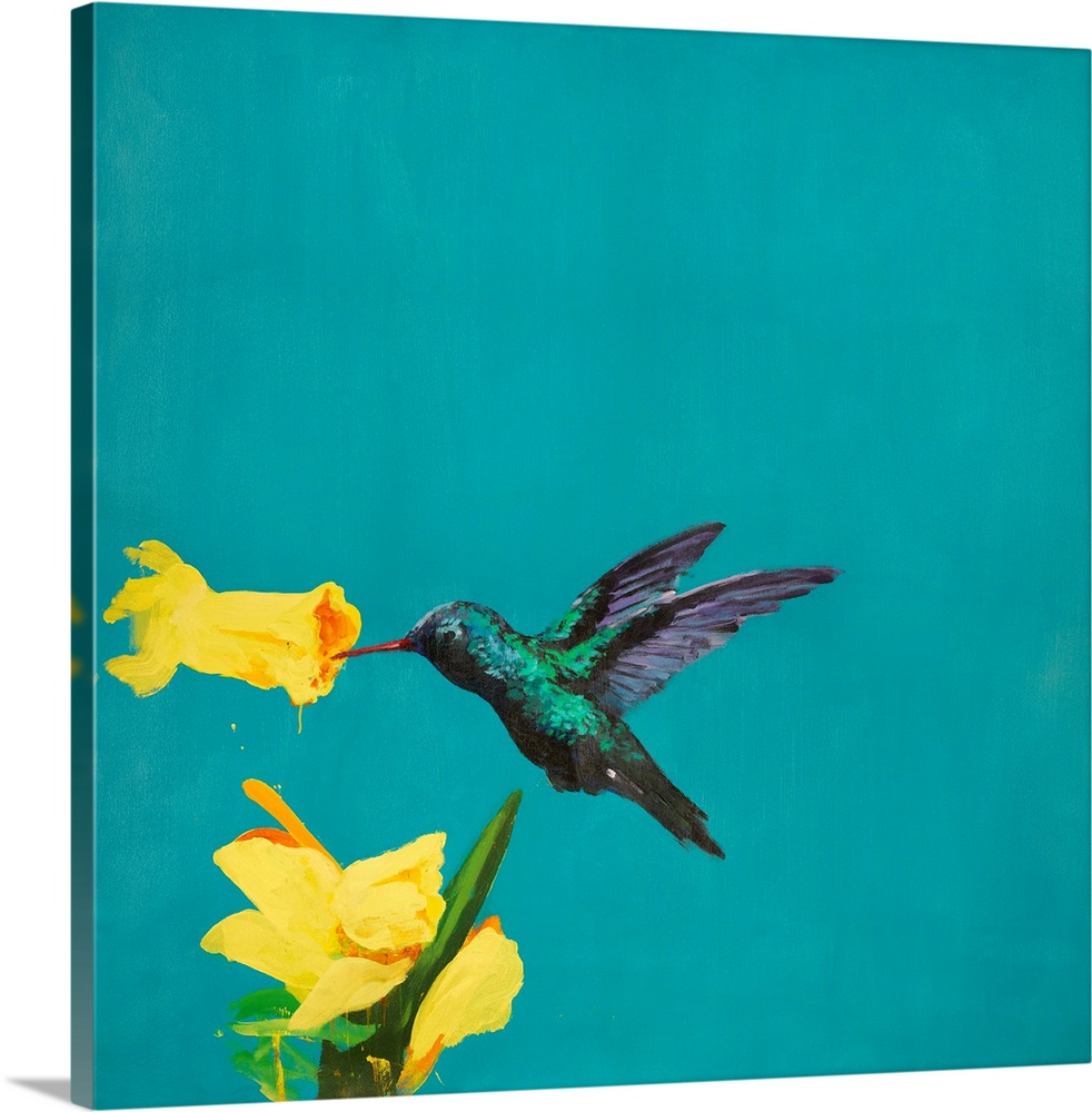 Contemporary artwork of a hummingbird gathering nectar from a tropical flower.