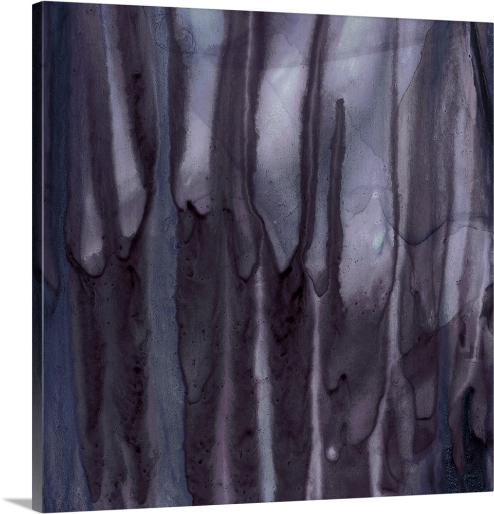 Square abstract watercolor painting with thick, deep purple drips falling from the top to the bottom.