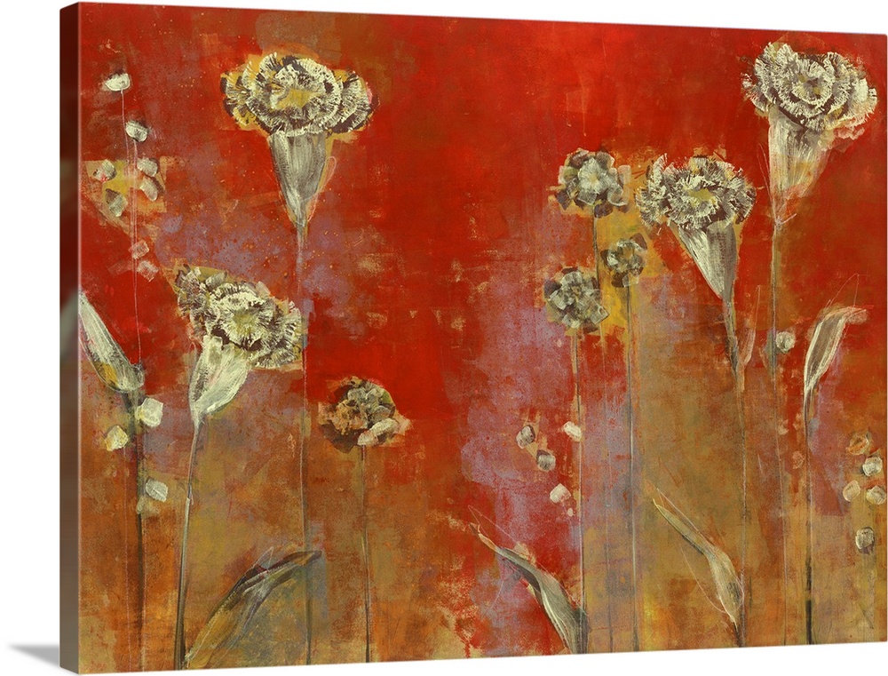 Contemporary painting of bronzed flowers against a red background.
