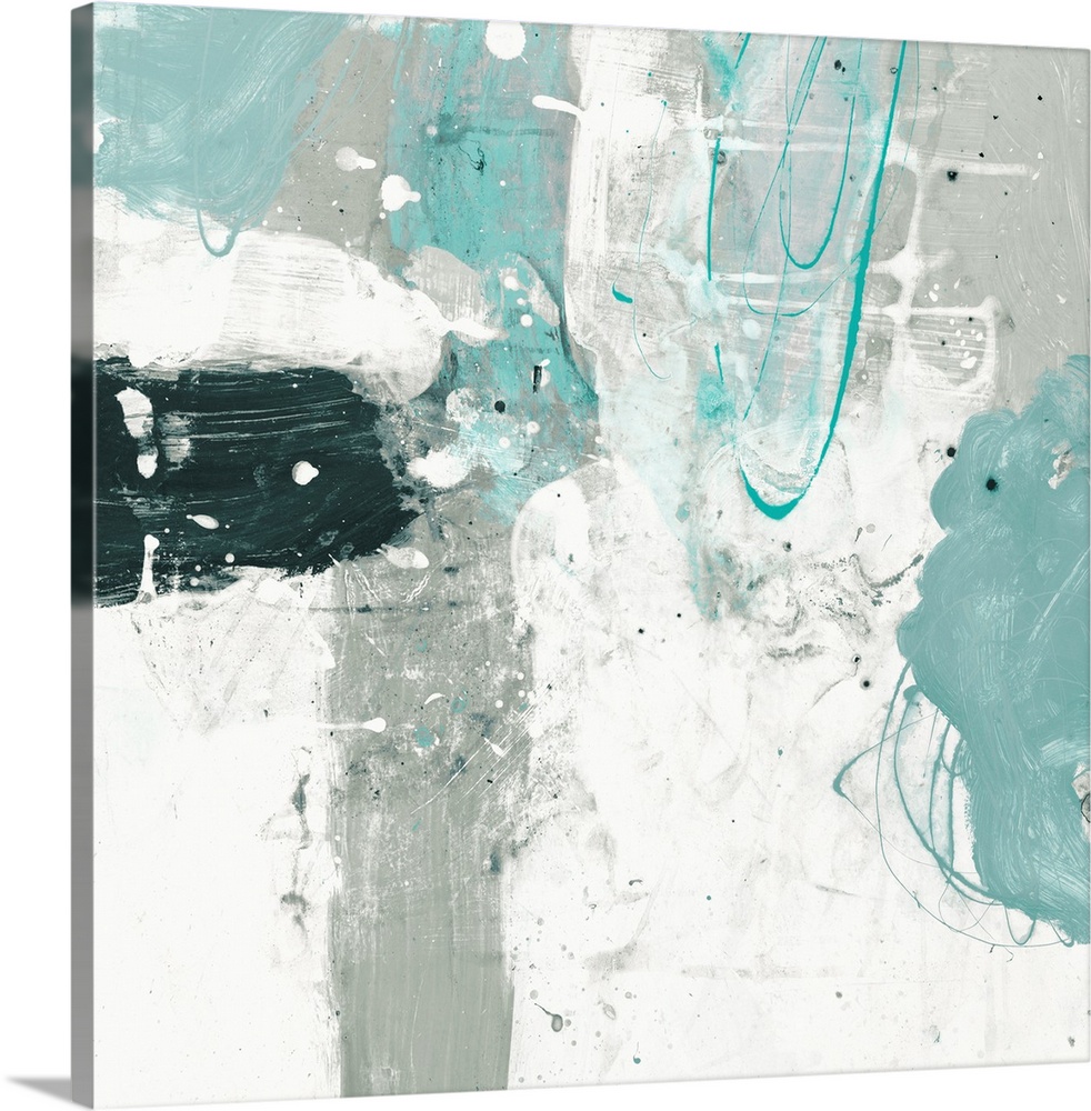 A contemporary abstract painting using pale blue and off white.