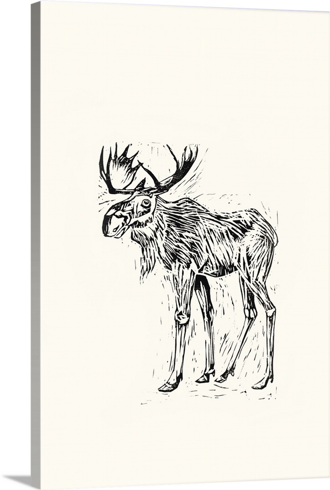 Black and white block print illustration of a moose on an off white background.