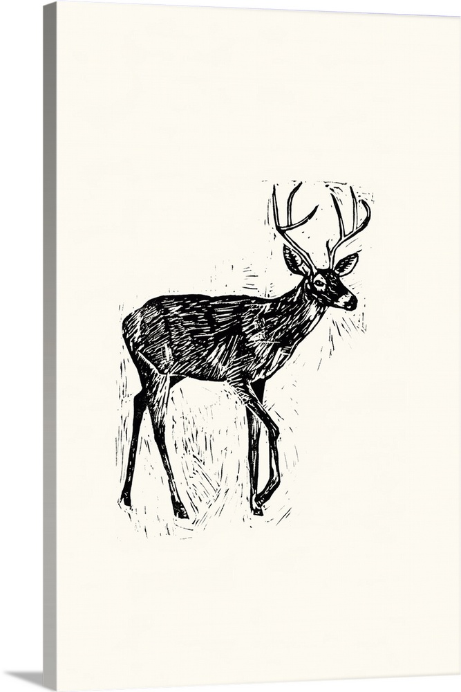 Black and white block print illustration of a deer on an off white background.