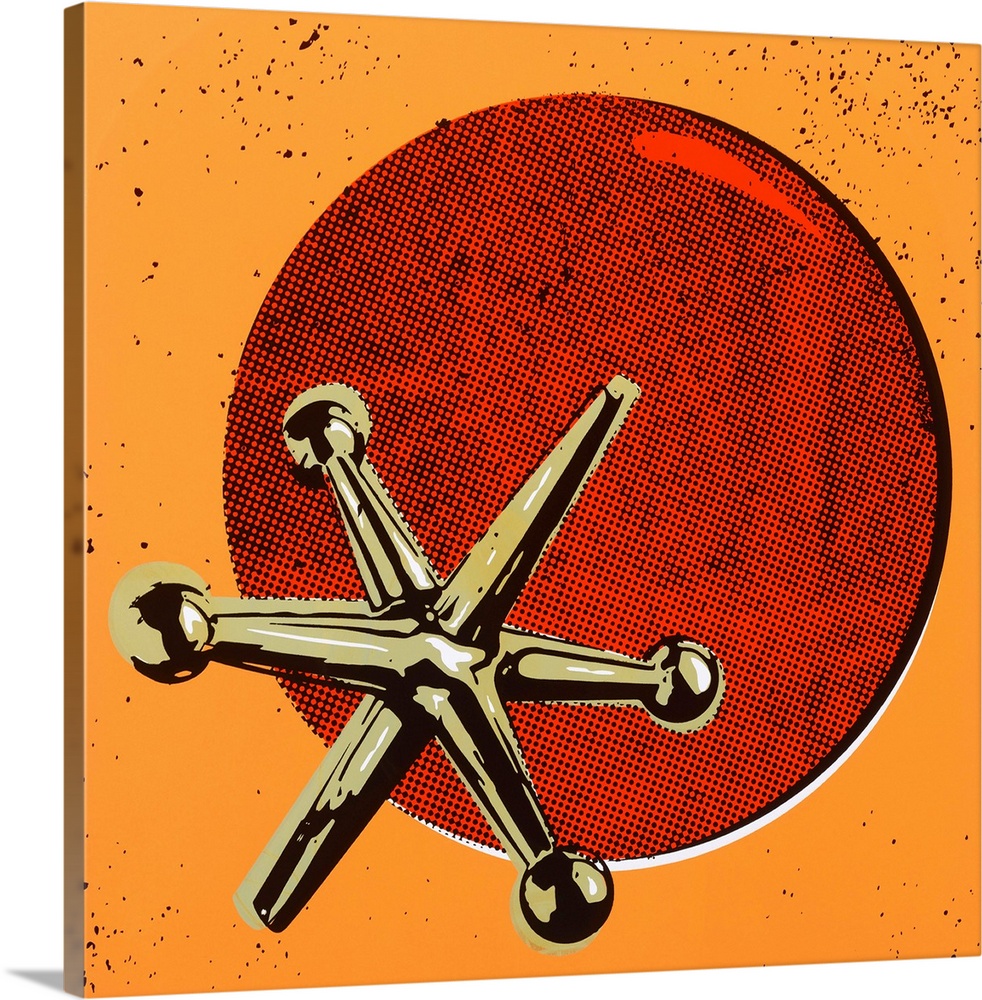 Contemporary pop art style artwork of a jacks and ball set against an orange background.