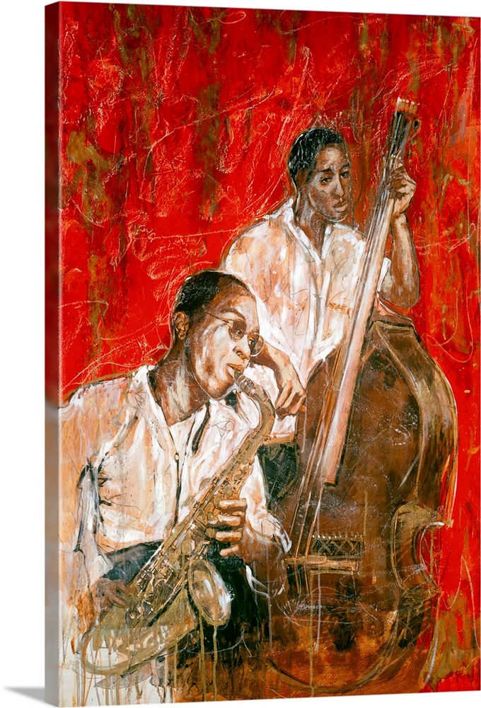Vertical, large contemporary painting of two African American Jazz musicians, one playing the saxophone, the other a large...