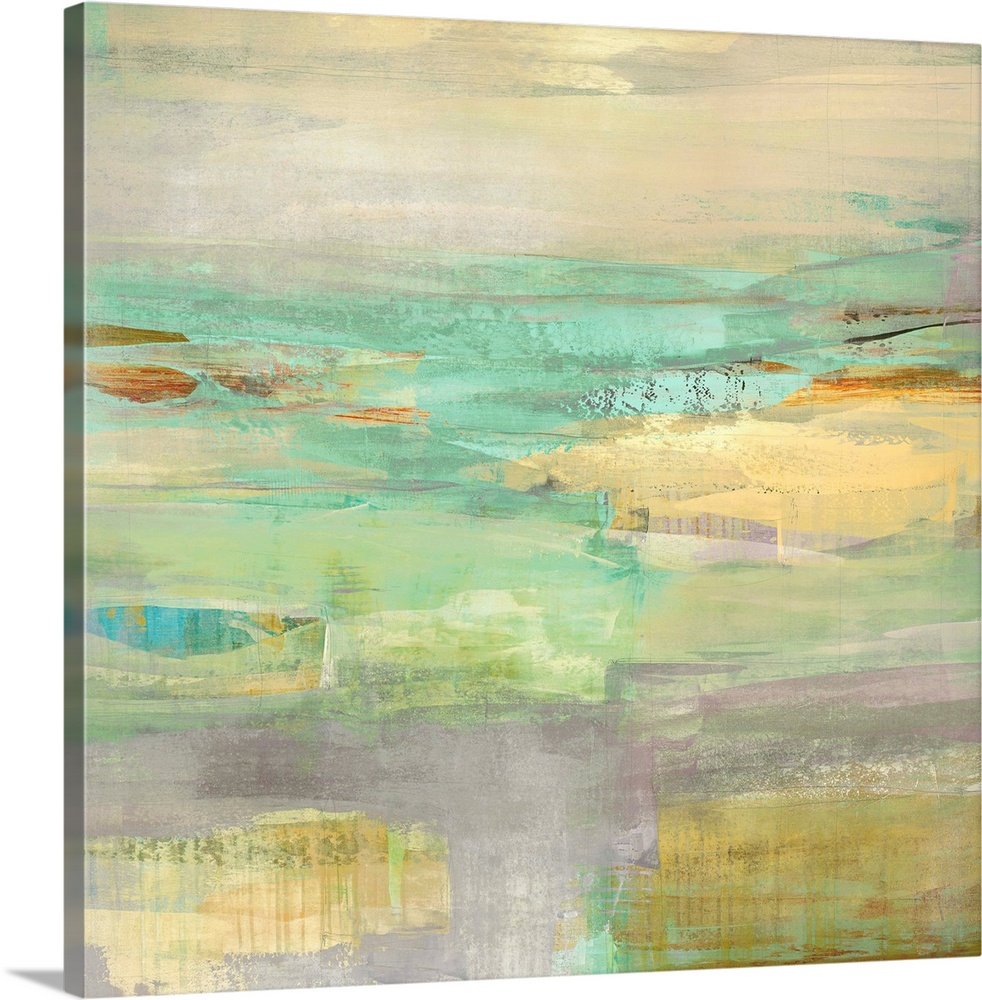 Square abstract painting layered with green, blue, purple, yellow, and orange hues.