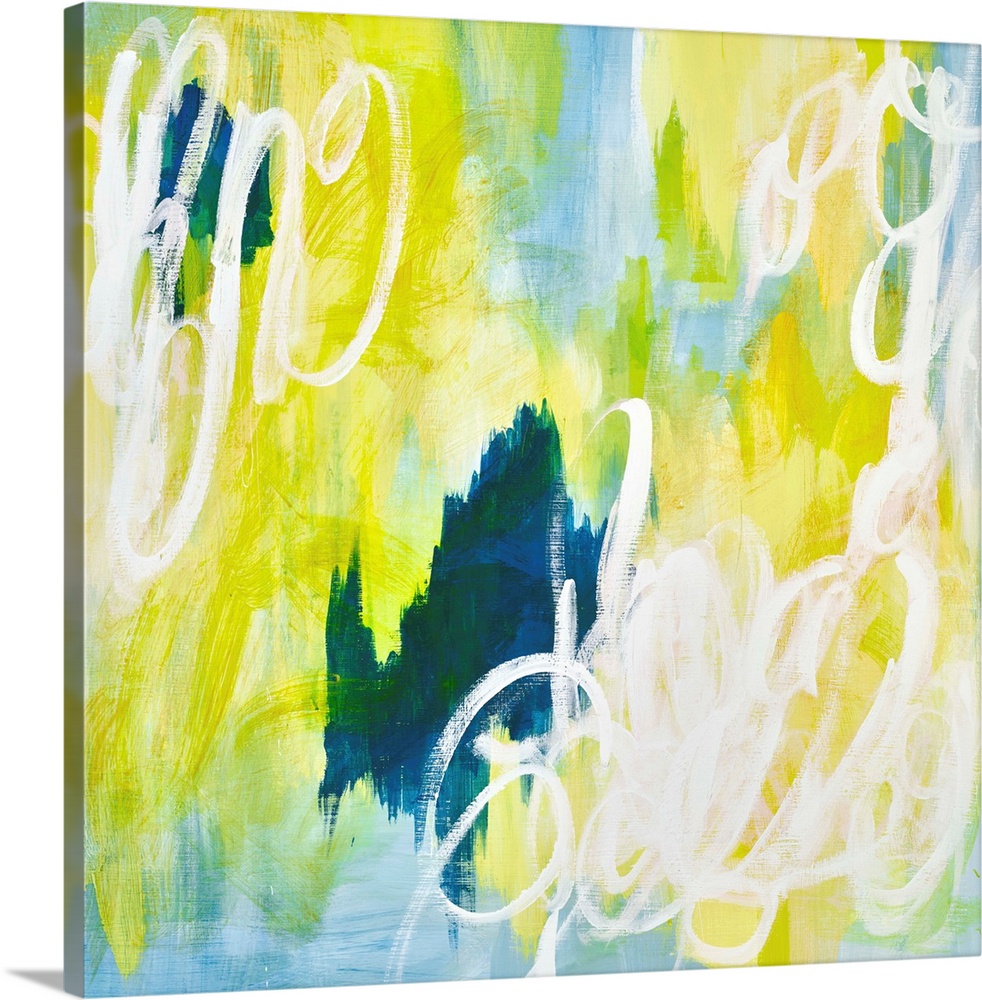 Contemporary abstract retro stylized painting of white squiggles against a blue and neon yellow background.