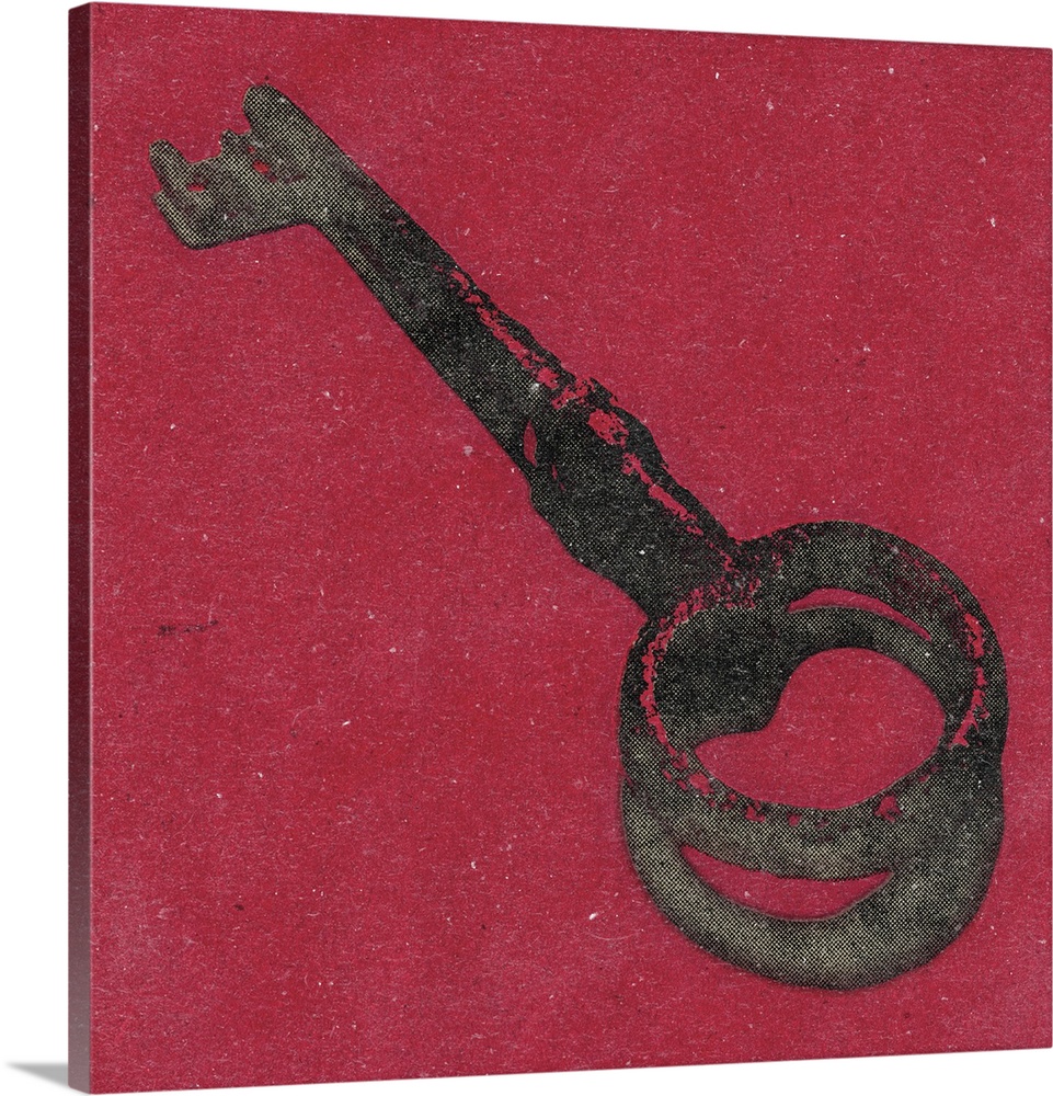 Square art of an antique key on a red background.
