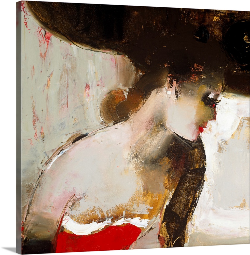A contemporary square shaped painting of a woman created with unspecific shapes and brushstrokes.