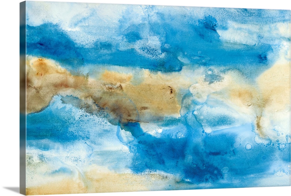 Contemporary landscape watercolor painting in shades of blue and brown hues.