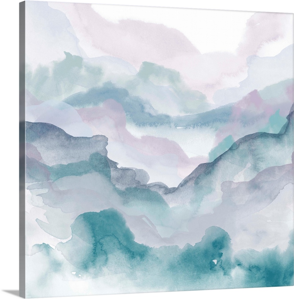 A contemporary abstract watercolor painting resembling a landscape vista.