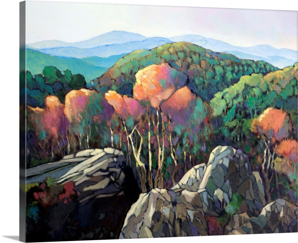 A contemporary painting of a view looking over a forested mountain valley.