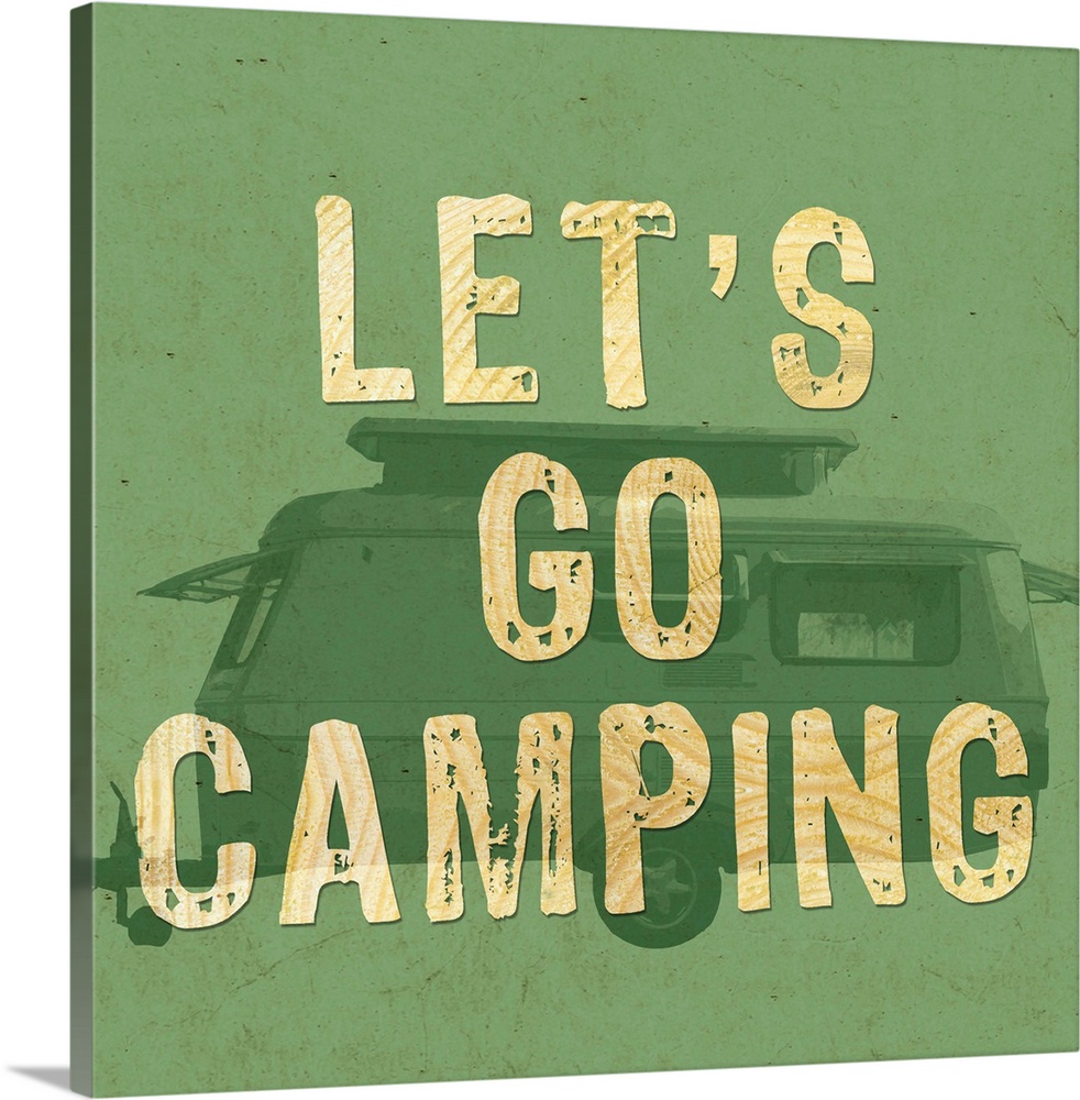 A green-toned image of a recreational trailer with the words "Let's go camping."