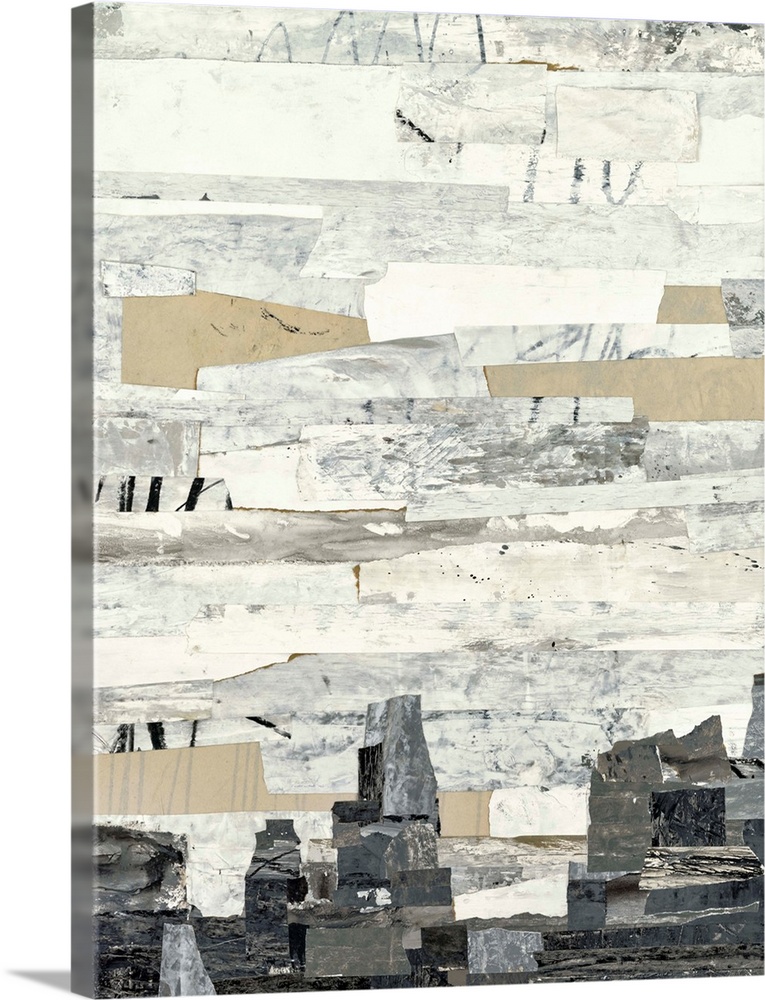 Abstract art with strips of neutral colors pasted together to create a rocky landscape.